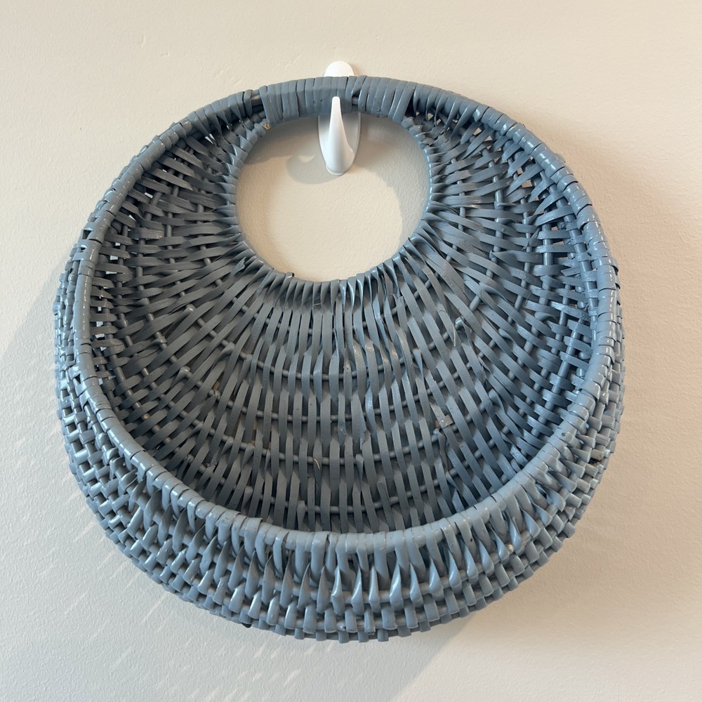 Woven Wicker Pocket Basket Blue Grayish Half Moon Design Vintage Painted
